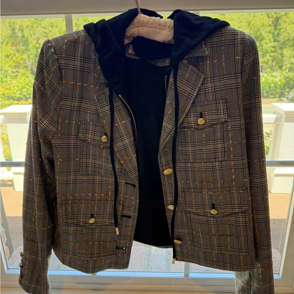 Anthropologie Hooded Removable Dickie Tweed Jacket Black Motif Size Small - Picture 2 of 7